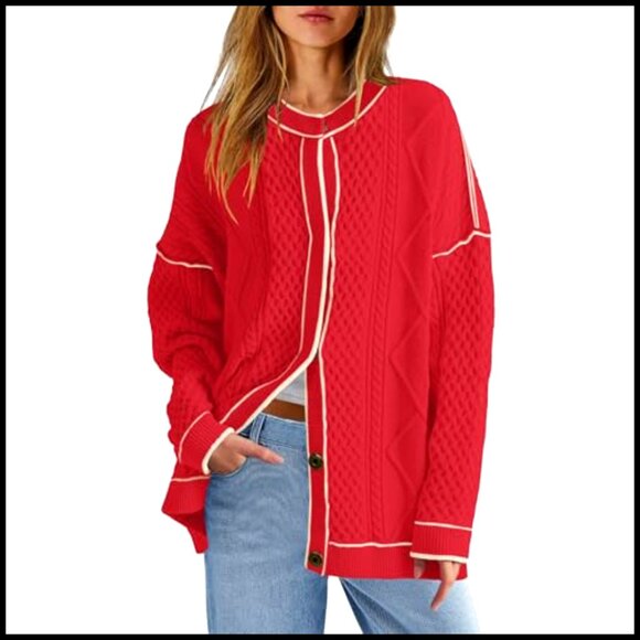 Oversized Cable Knit Cardigan Sweater Lightweight Button Front Pockets - Picture 2 of 7